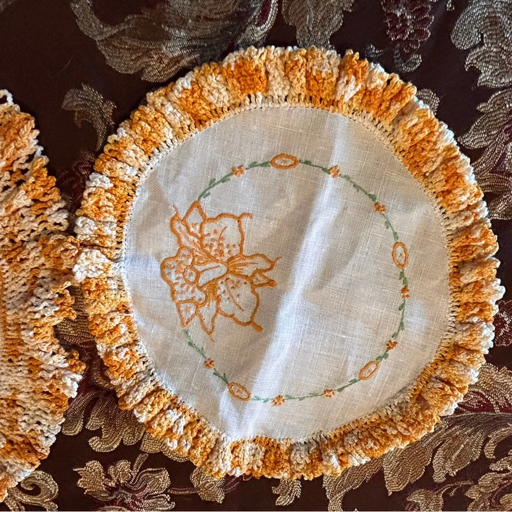 Vintage‎ Orange & White Crochet Circle Doilies 2PC Set